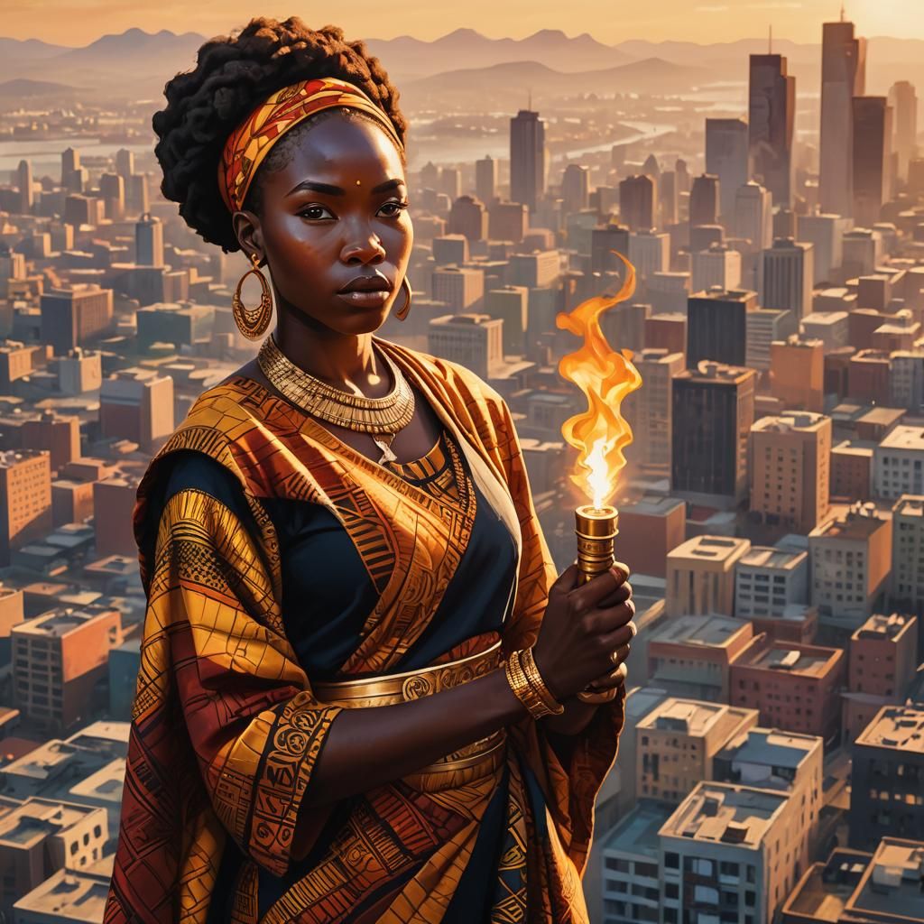 Empowering African Woman with Torch at Sunset