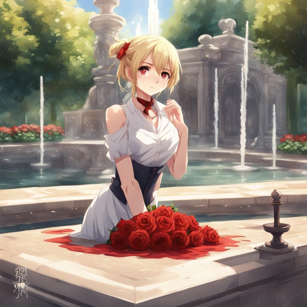 Anime Girl with Rose by Fountain
