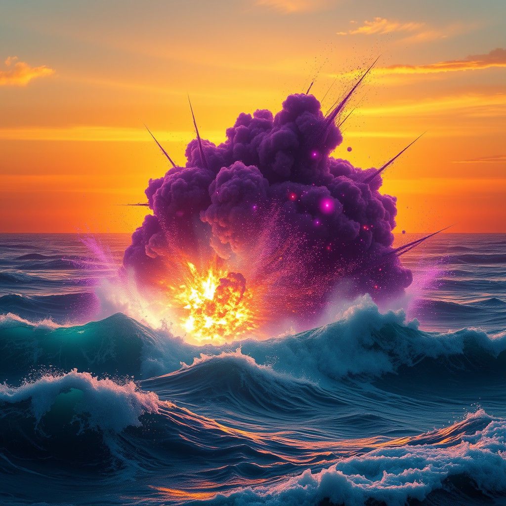 Aquatic Explosion at Sunset in High-Fantasy Style