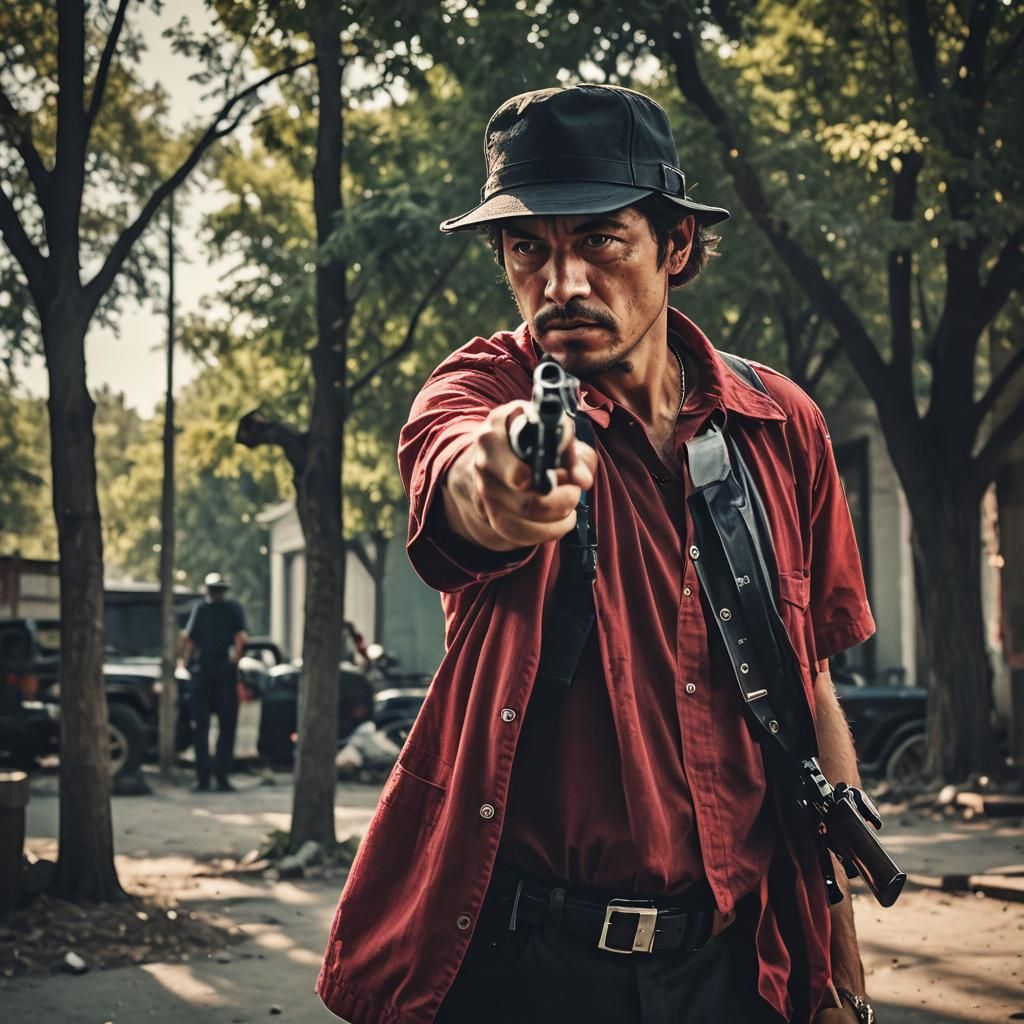 Dramatic Gangster with Gun in Cinematic Film Still