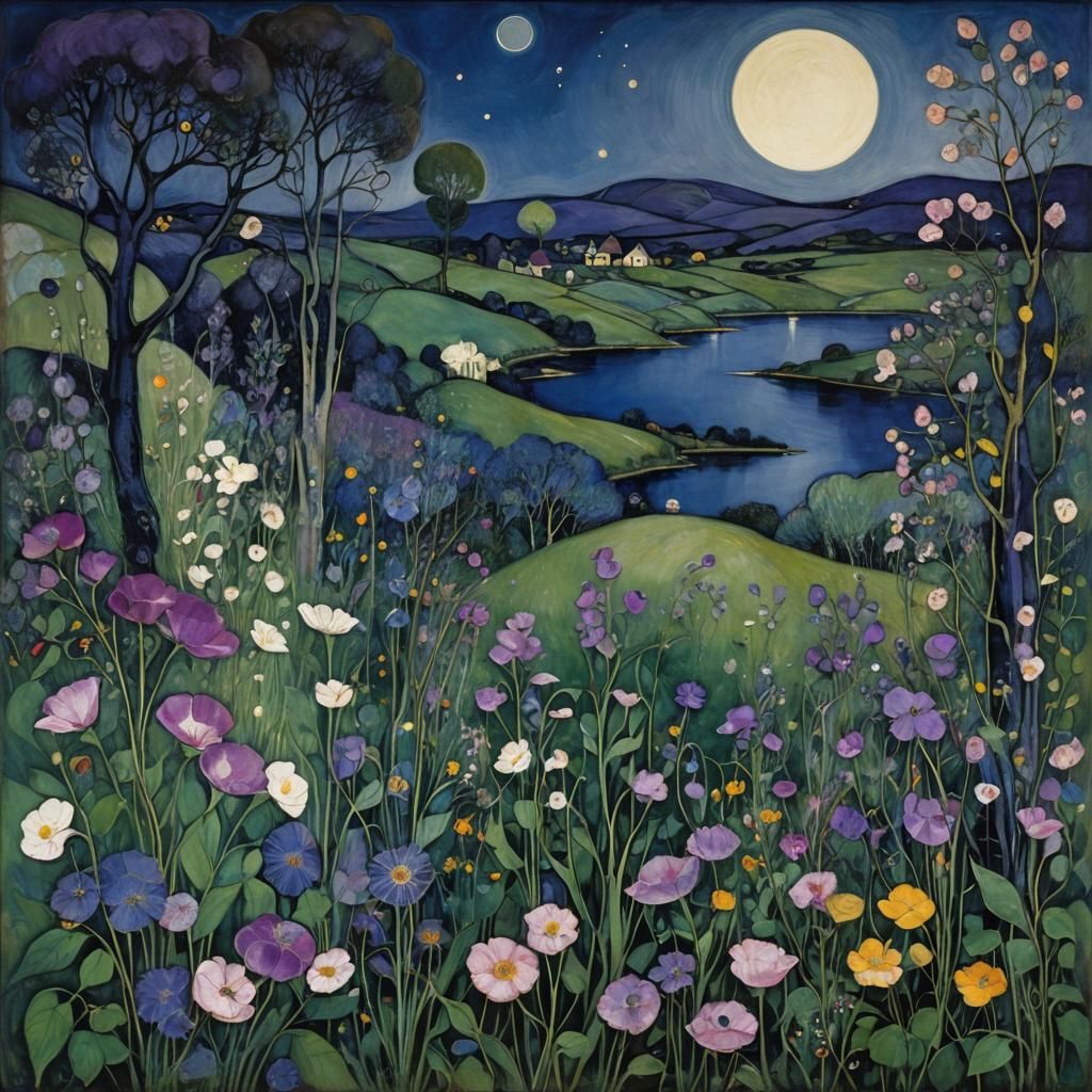 Dreamy Blue Violet Landscape in Art Nouveau Style