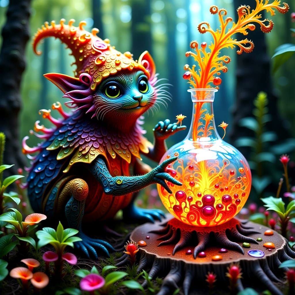 Wizard Pours Potion to Opalescent Gnome Hybrid