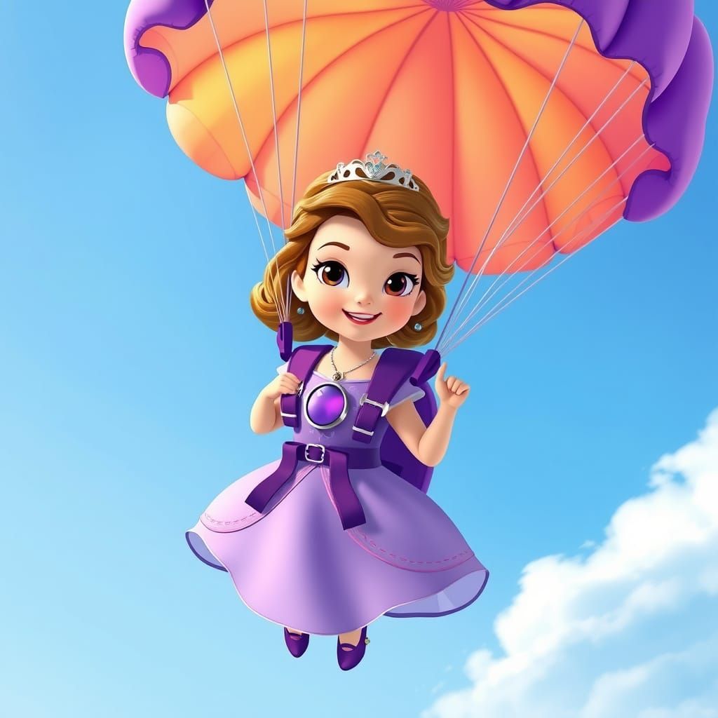 Princess Sofia Skydiving with Purple Parachute, Disney Style
