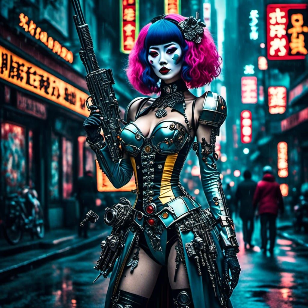 Android Cyborg with Tommy Gun in Vibrant Street