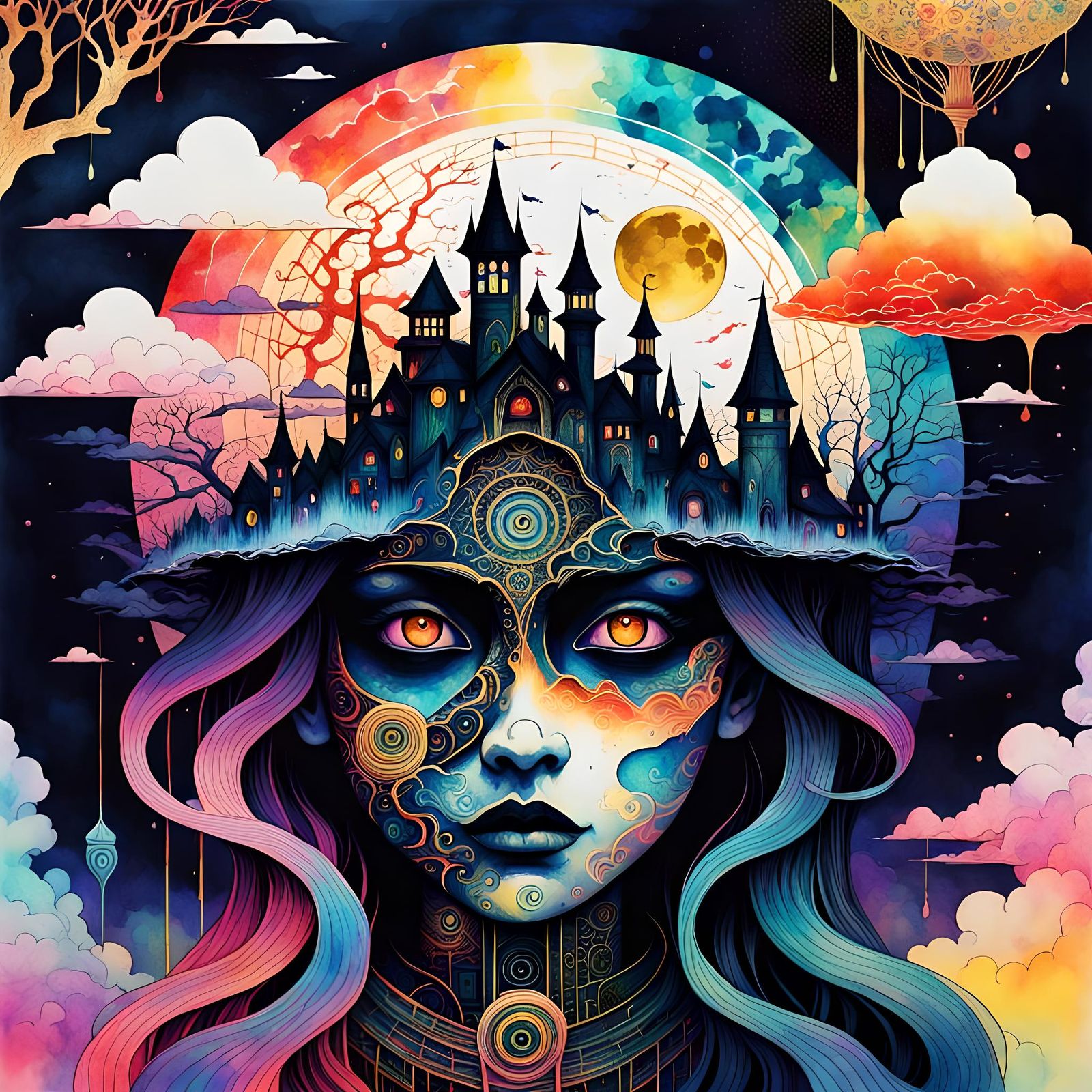 Gothic Psychedelic Scene in Watercolor Kintsugi Style