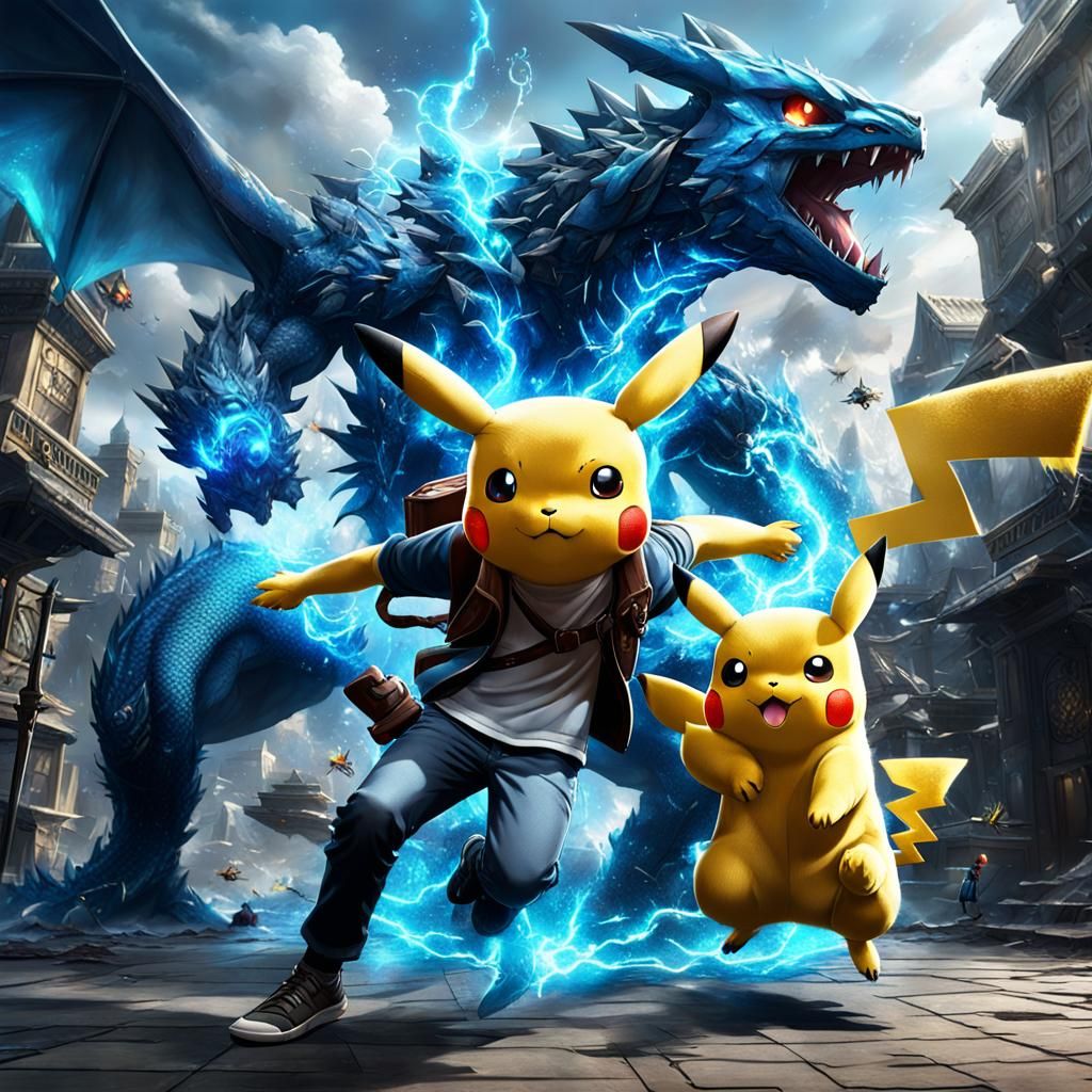 Pikachu Teenager Battles Dragon in Fantasy Art