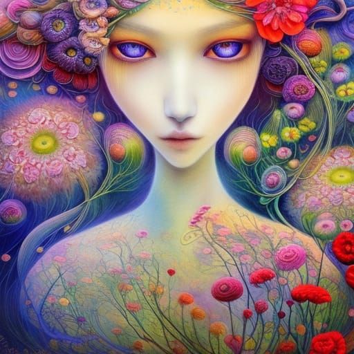 Big Eyes with Embroidered Flowers in Magic Realism