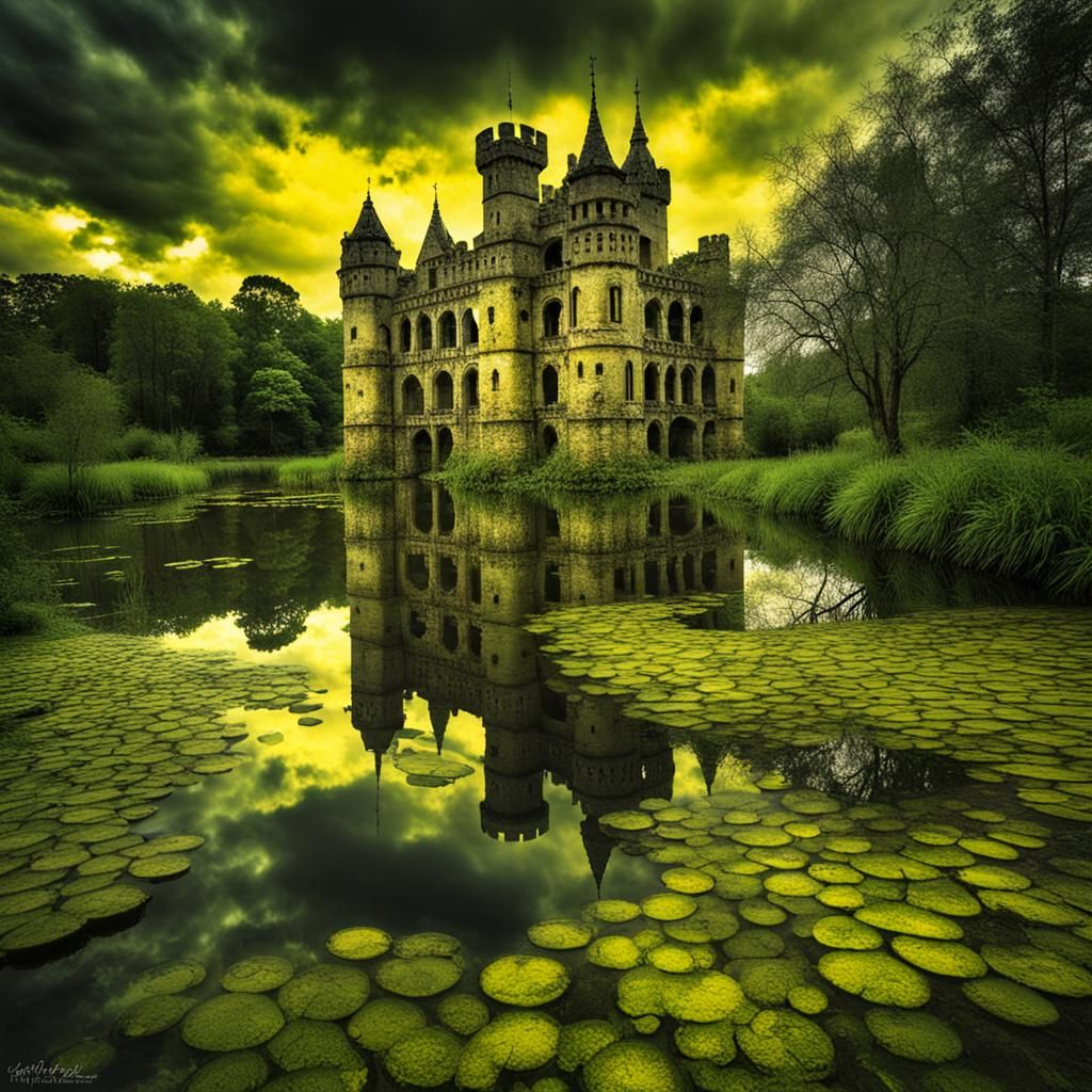 Menacing Castle Reflected in Lake Under Dark Sky
