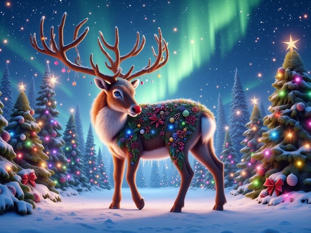 Hyperrealistic Reindeer Ent in Winter Wonderland