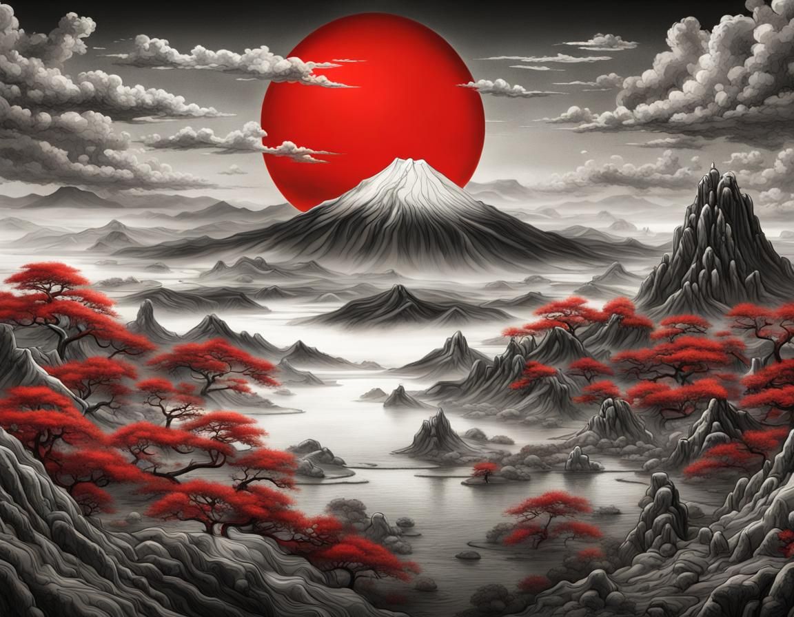 Surreal Red Sun Over Japanese Landscape, Charcoal Drawing