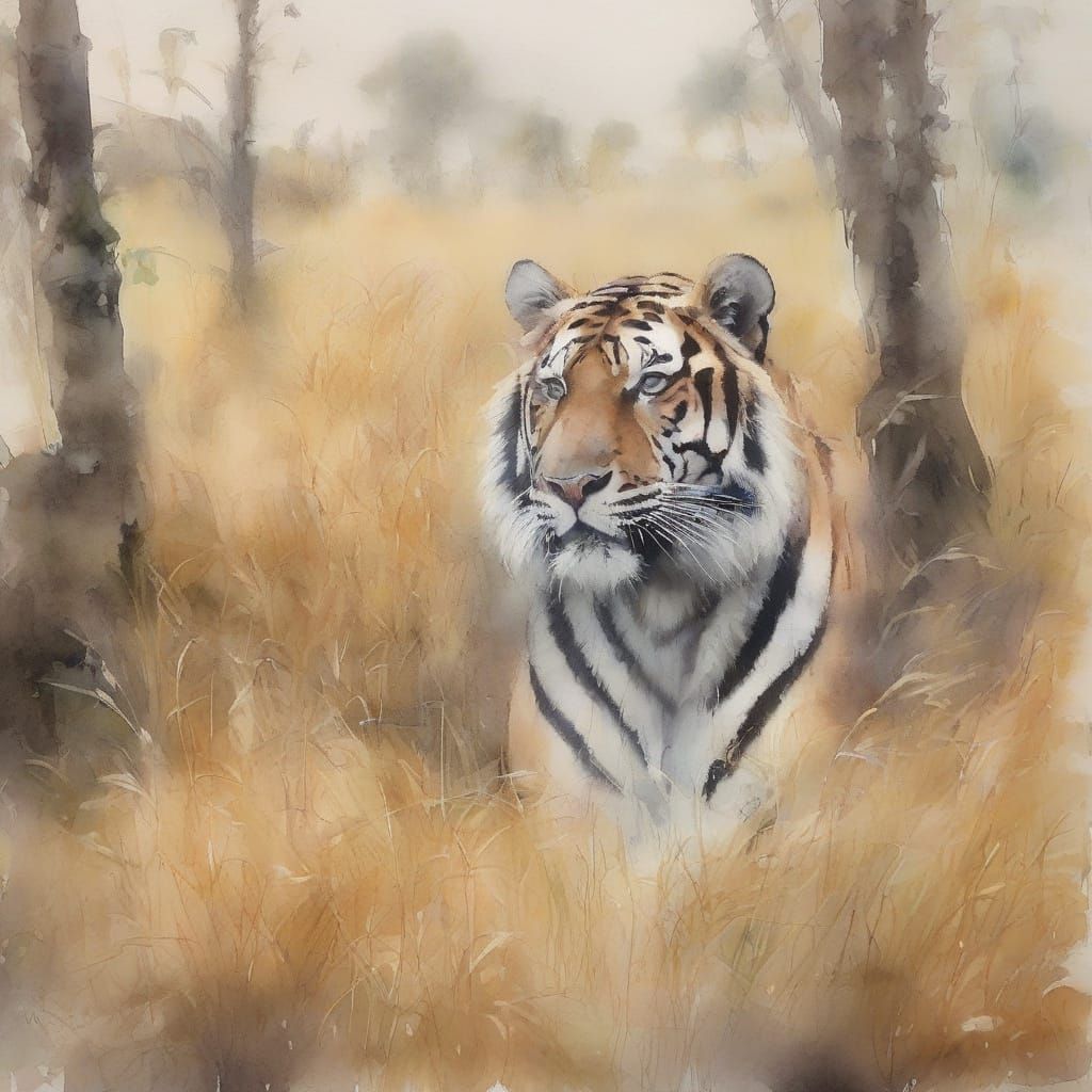 Whimsical Watercolour of Regal Tiger in Golden Savannah