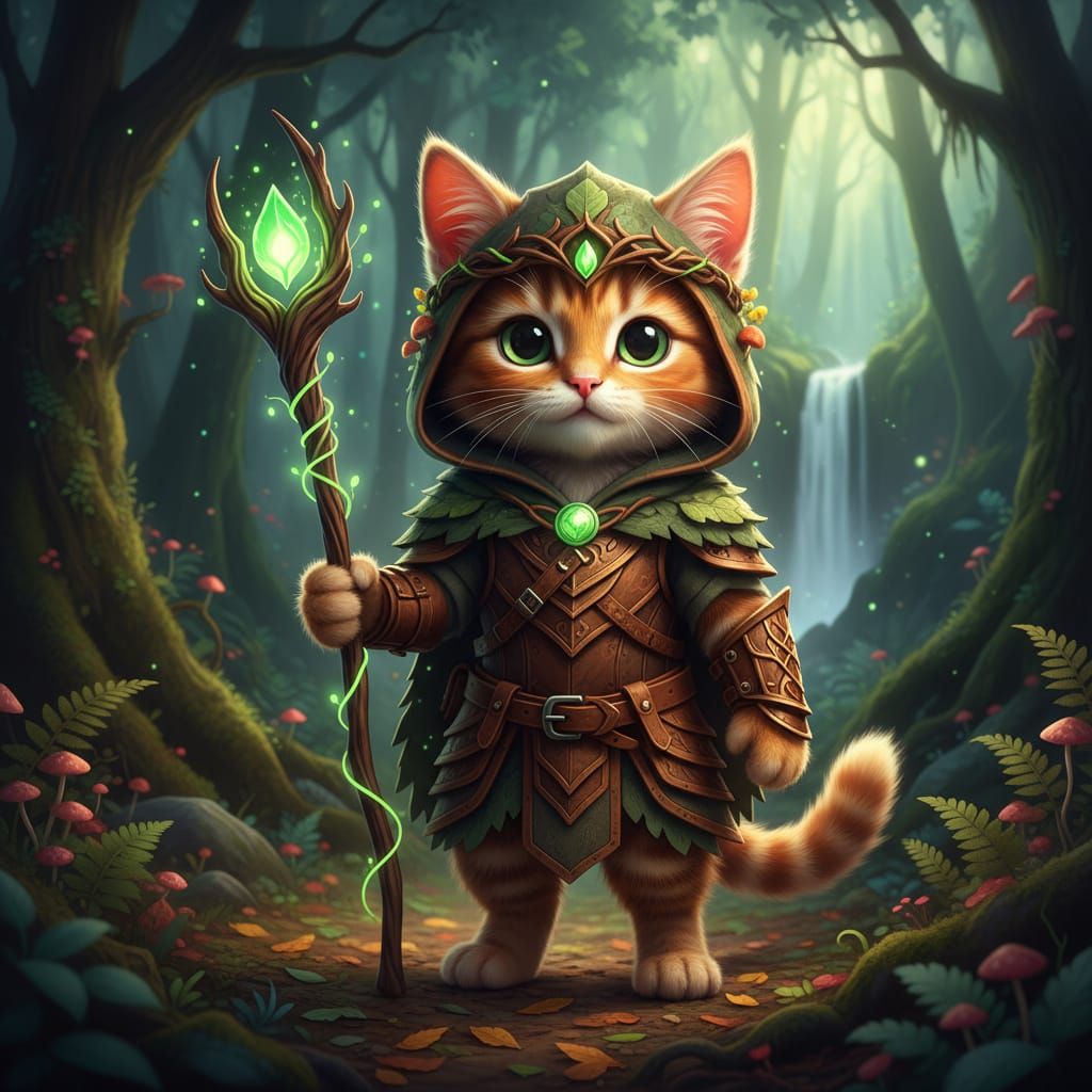 Cute Kitten Druid in Forest Armor with Glowing Staff
