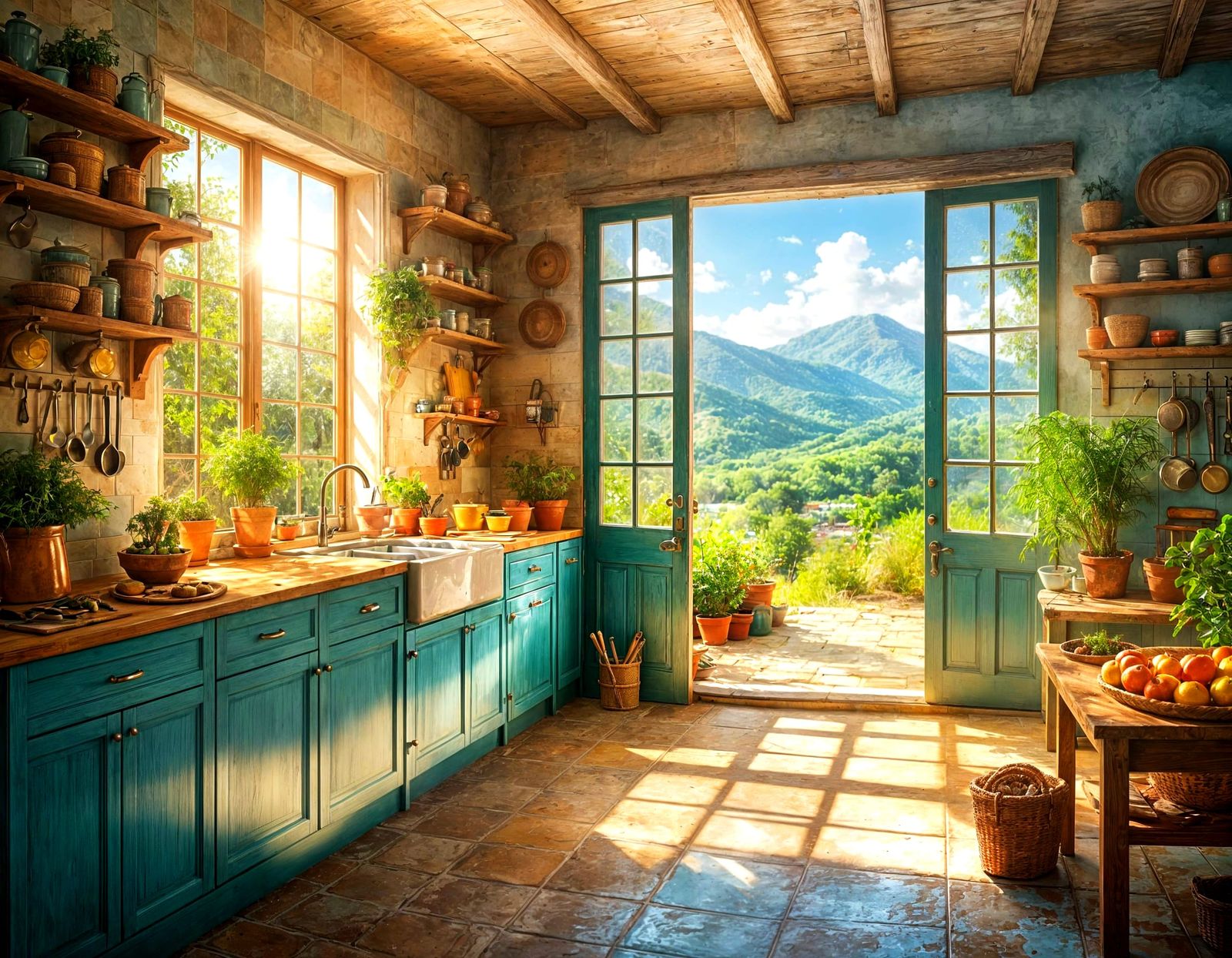 Cozy Rustic Kitchen with Sunlight and Lush Landscape
