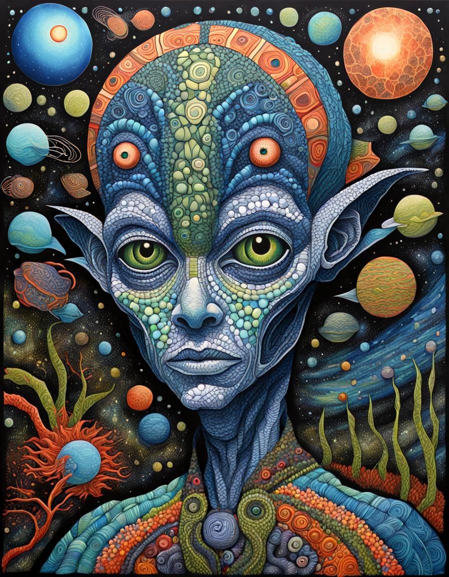 Cosmic Alien Portrait in Acrylic Zentangle Style