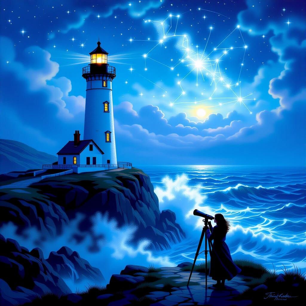 Ethereal Lighthouse Overlooking Stormy Seas Under Virgo Cons...