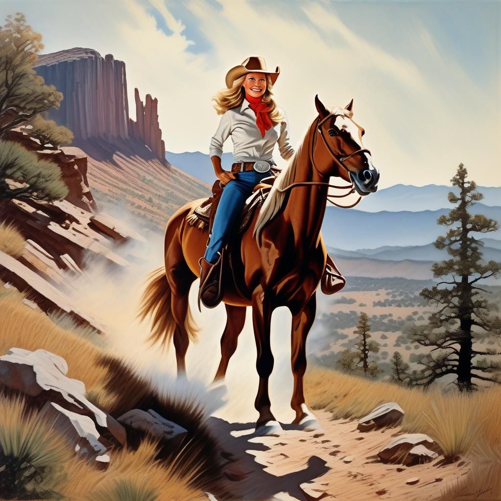 Cowgirl on Mountain Trail as Oil Painting