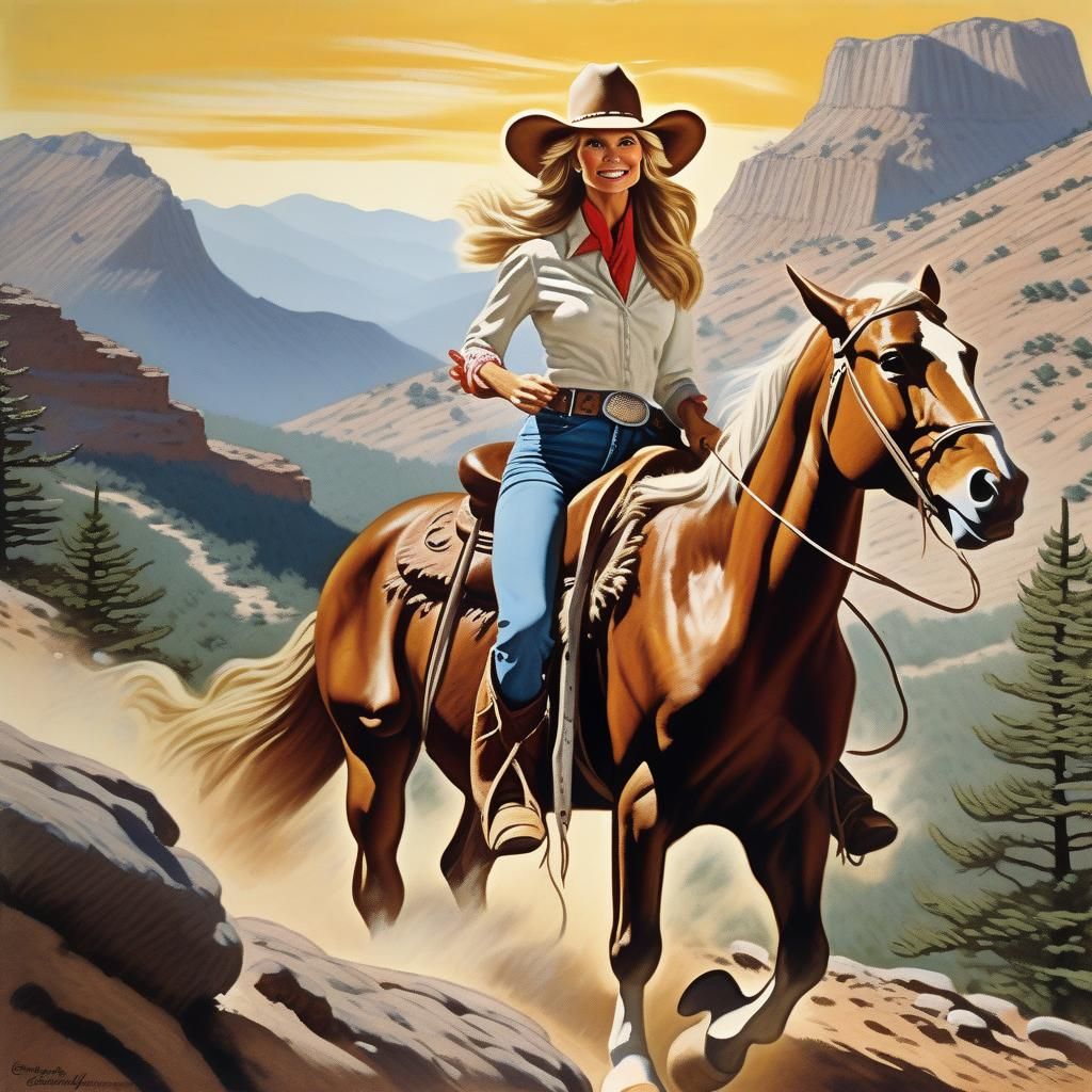 Cowgirl on Mountain Trail in Oil Painting Style