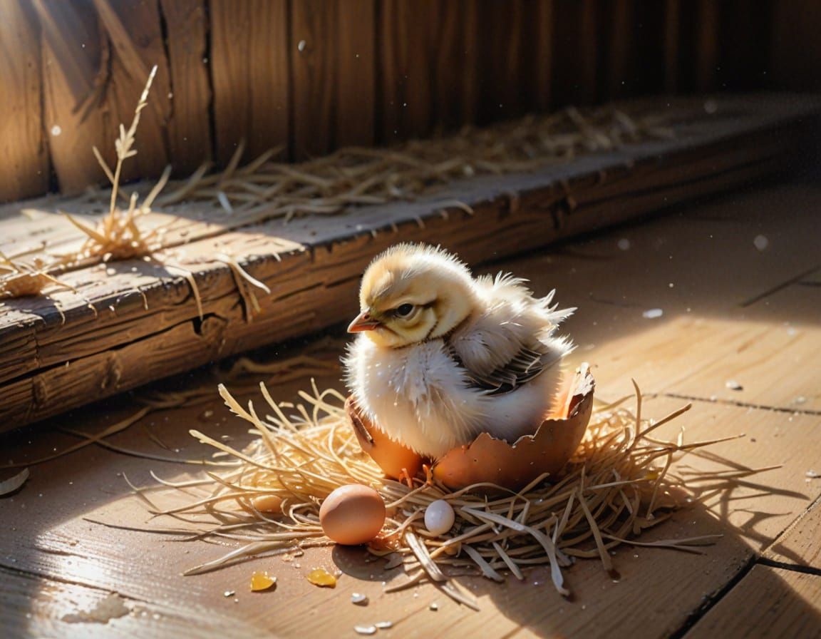 Chick Hatches from Egg in Warm, Dusty Light