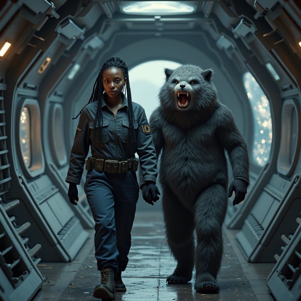 African American Woman and Furry Companion on Starship