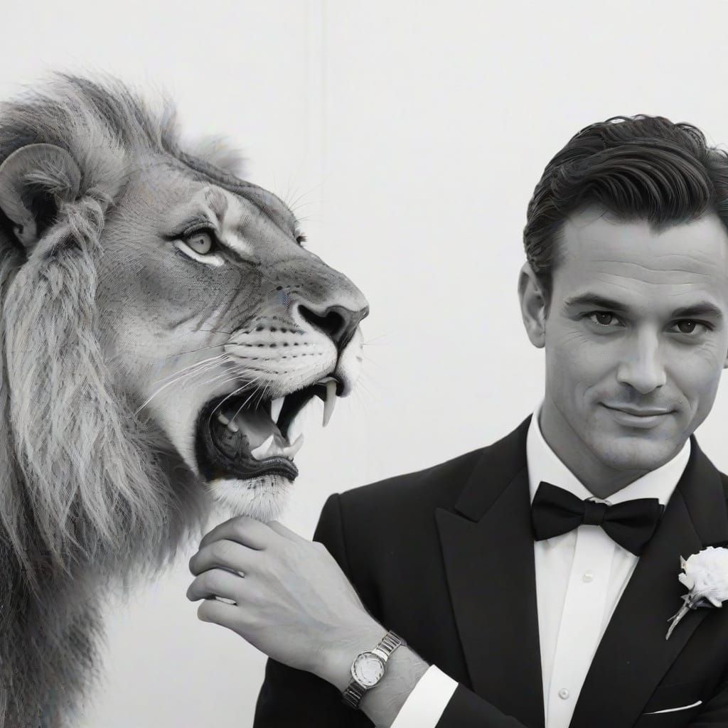 man in tux with lion