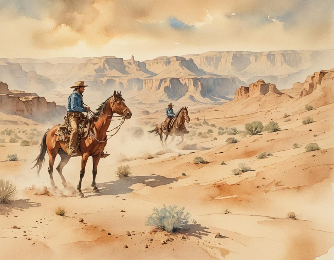 Lone Cowboy in Desert Canyon: Digital Watercolor Art