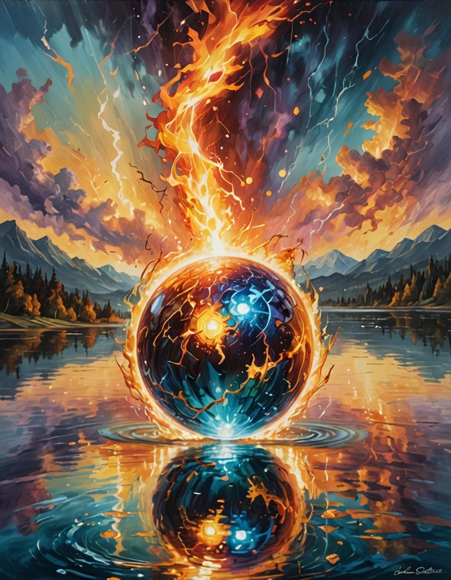 An energy orb on the surface of a lake.