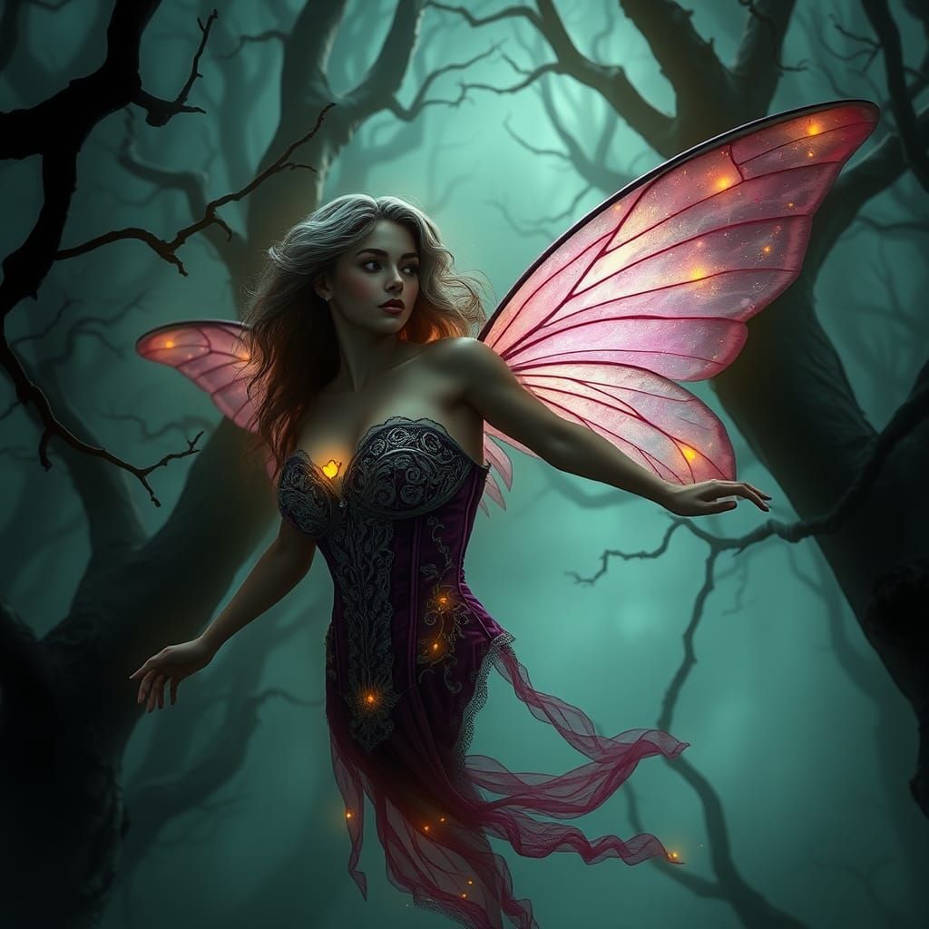 Ethereal Fairy in Haunted Forest, Art Nouveau Style