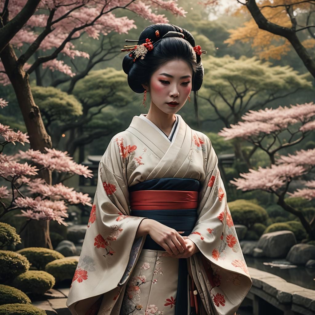 Elegant Geisha in Japanese Garden, Cinematic Portrait