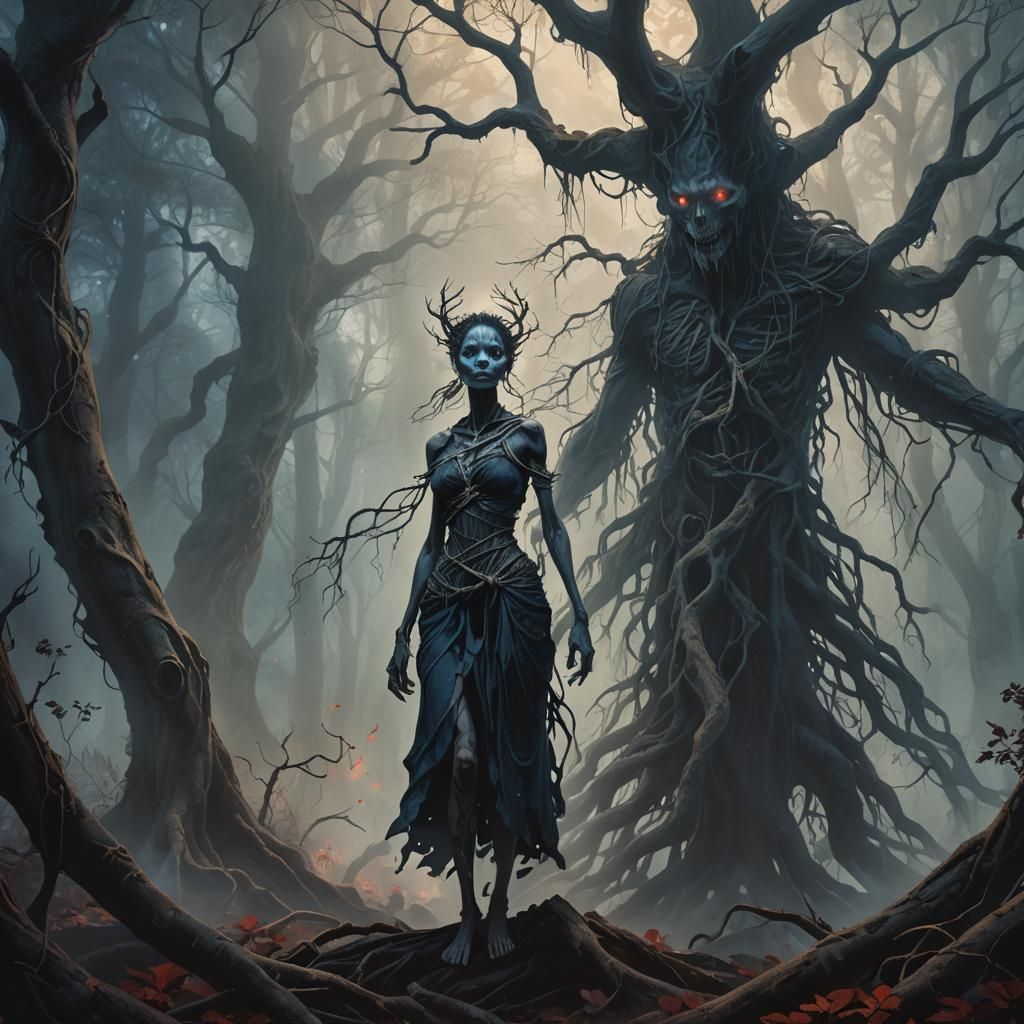 Eerie Skin Walker in Misty Forest: Dark Fantasy Art