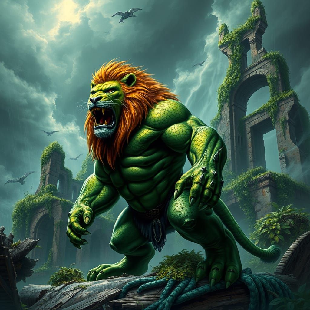 Lion-Hulk Hybrid in Ancient Jungle Ruins