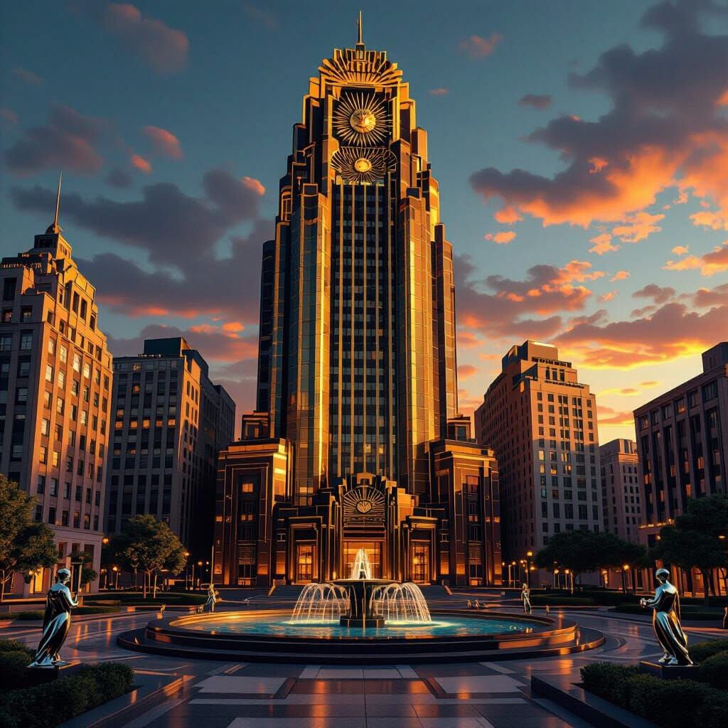 Art Deco Metropolis at Golden Hour in Streamline Moderne Sty...