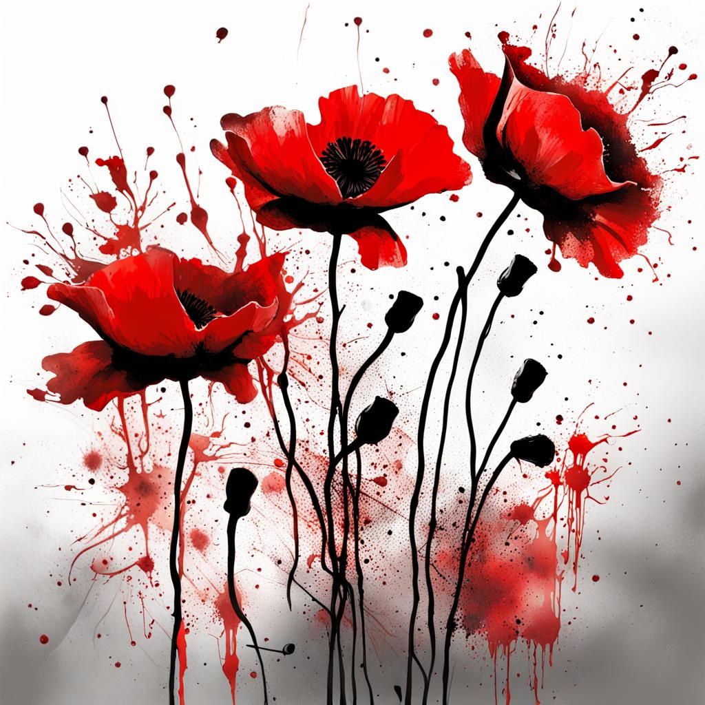 Ink Splatter Red Poppies: Remembrance Day Digital Art