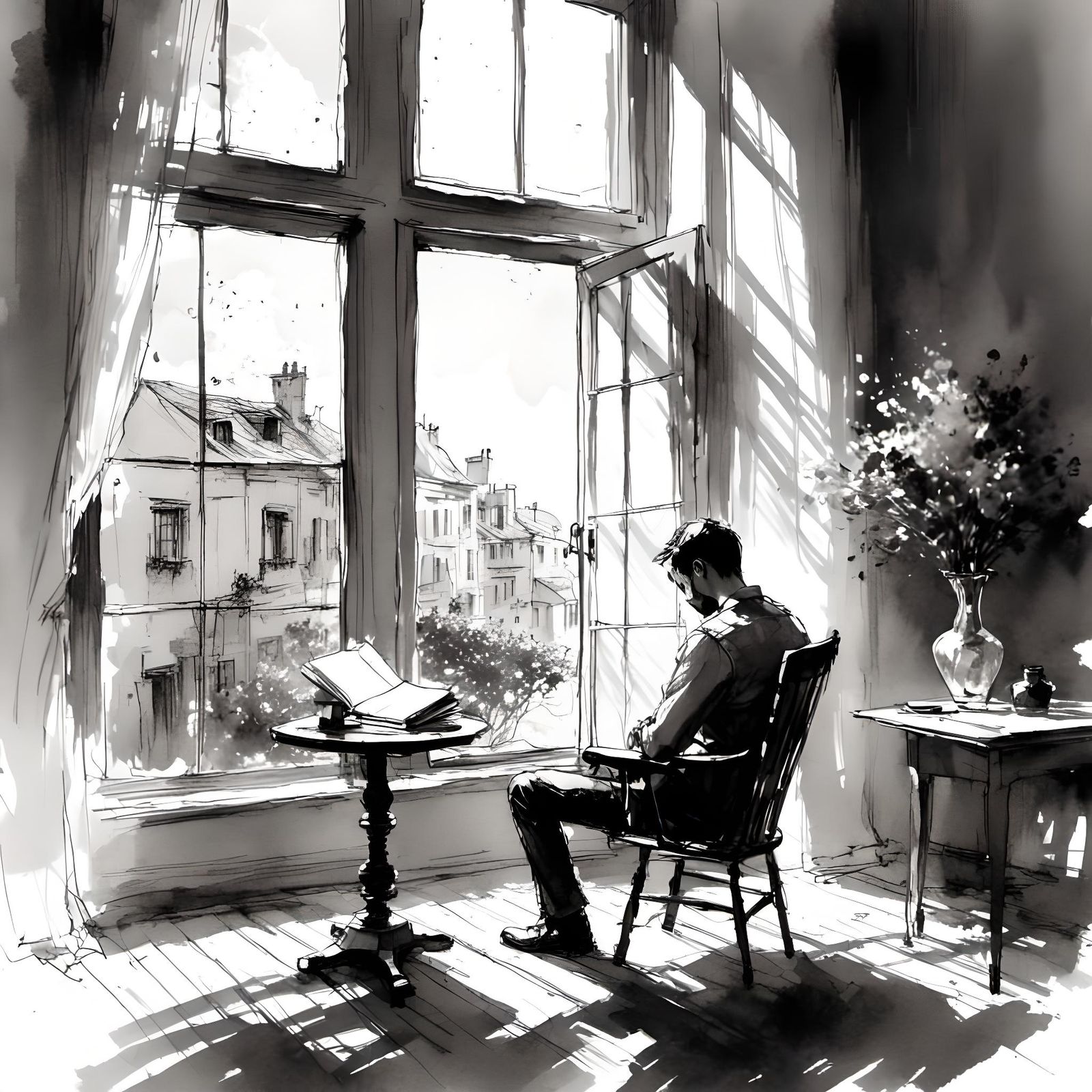 Contemplative Man: Ink Sketch of Urban Scene