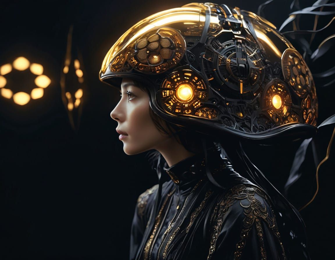 Ethereal Cyborg Goddess in Dark Oil Painting