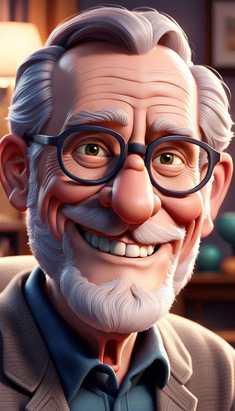 Smiling Old Man in Living Room, 3D Rendered