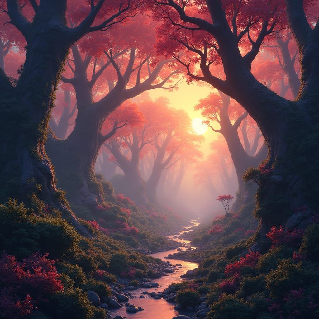 Surreal Realm of Crimson Hues and Ancient Trees