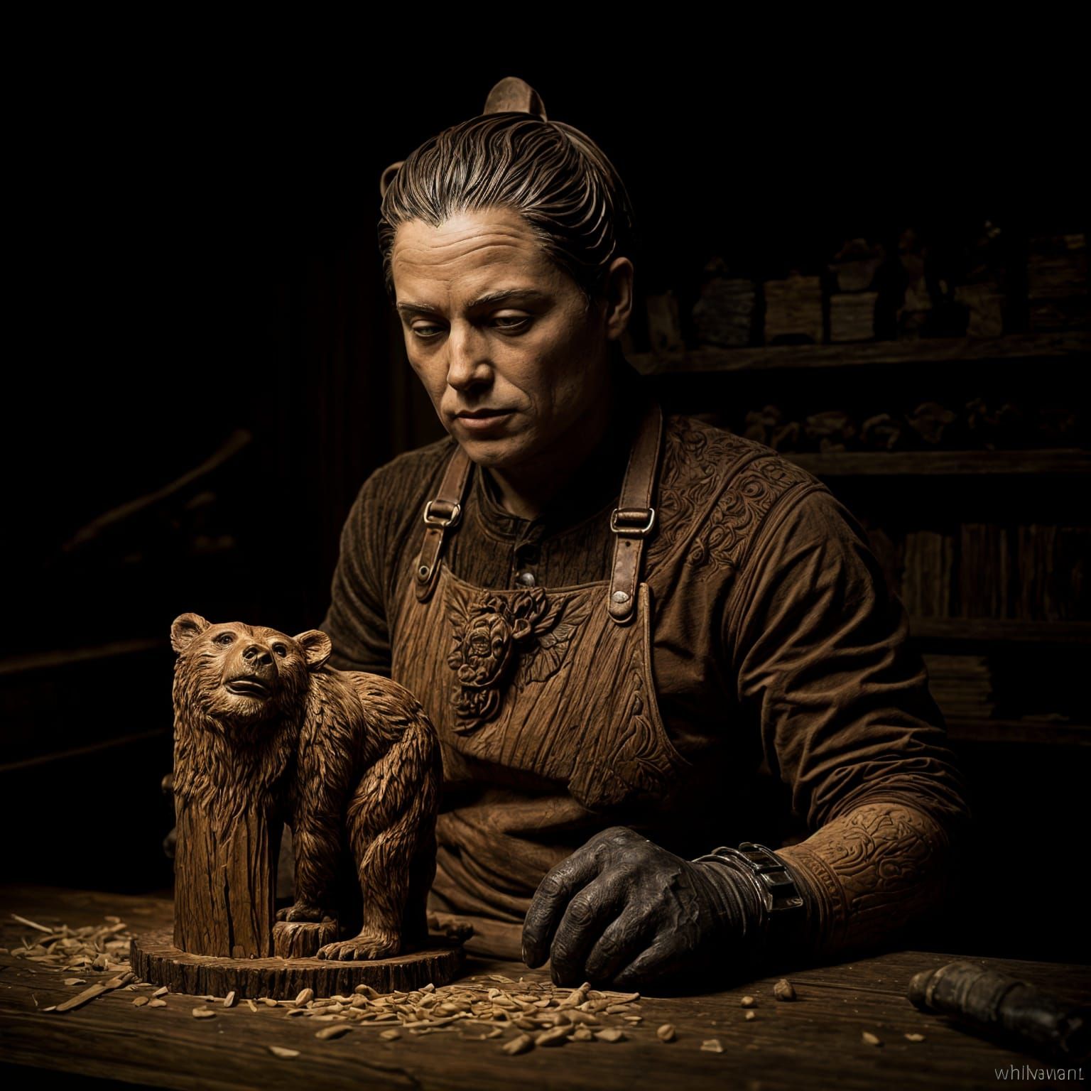 Detailed Wood Carving of a Bear by an Artist