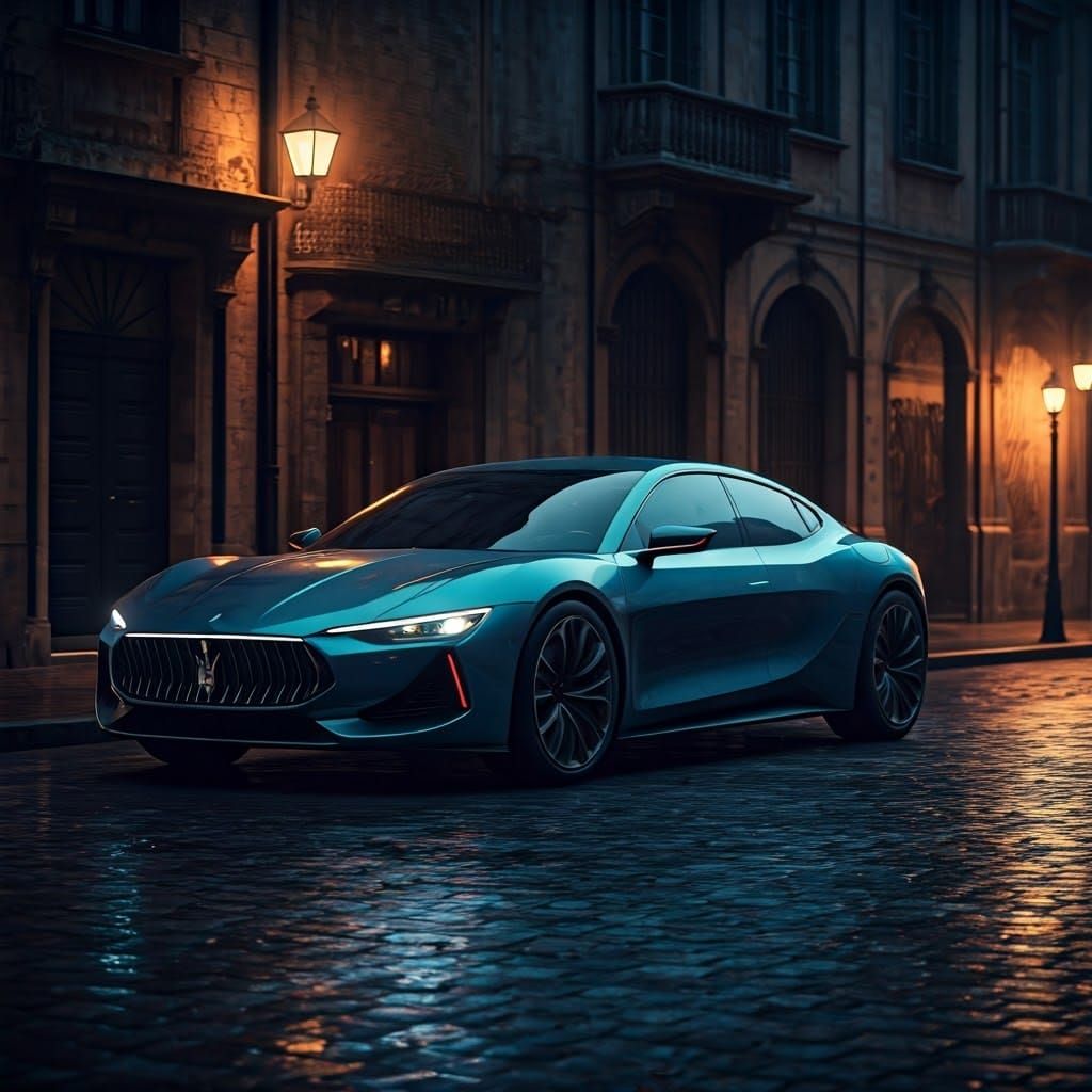 Neon Car Speeds Through Rainy City Street