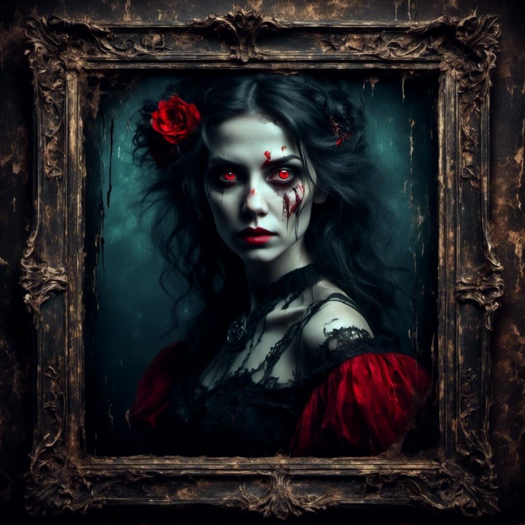 Ethereal Lady with Red Eyes in Antique Frame