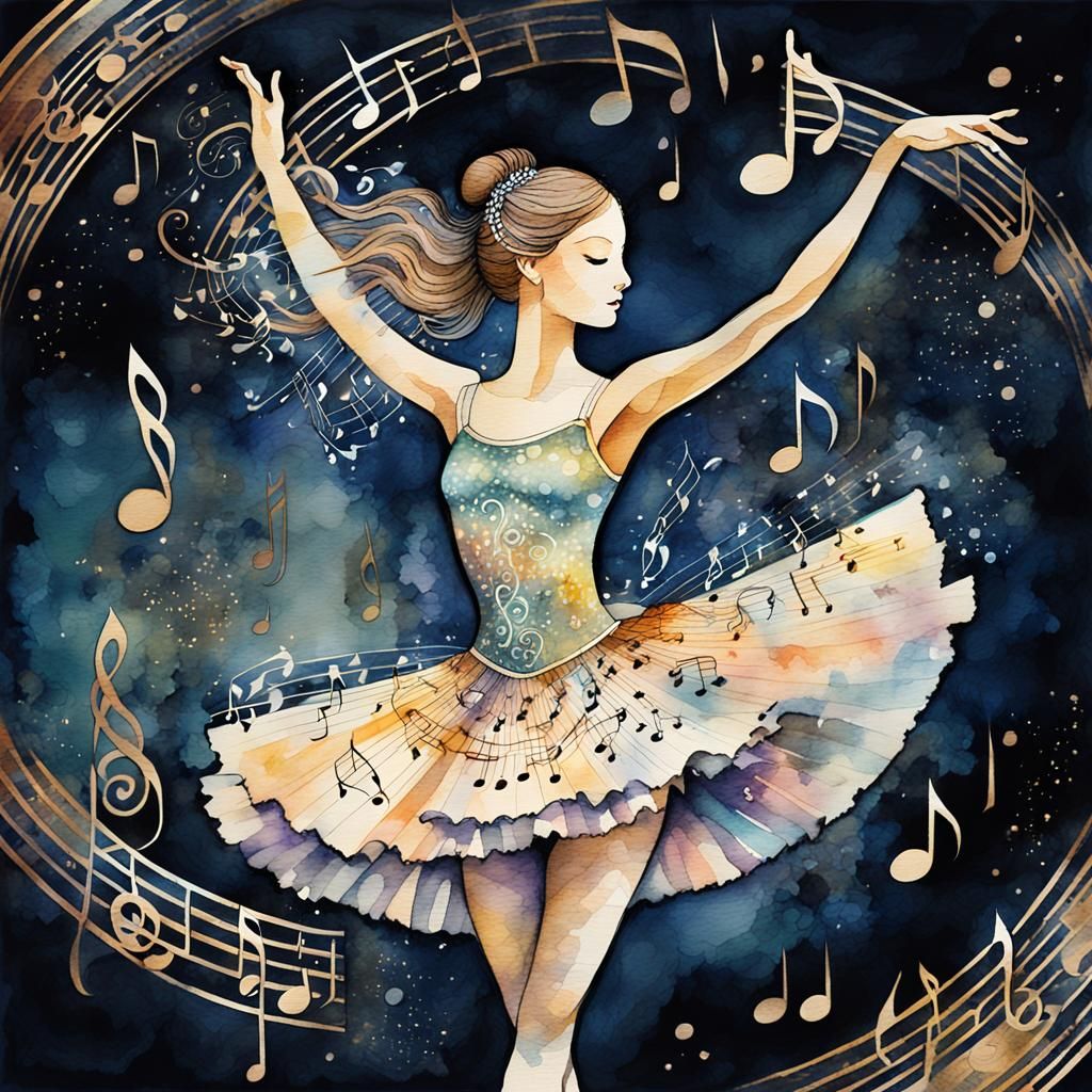 Whimsical Watercolor Ballerina Music Box with Ink Details