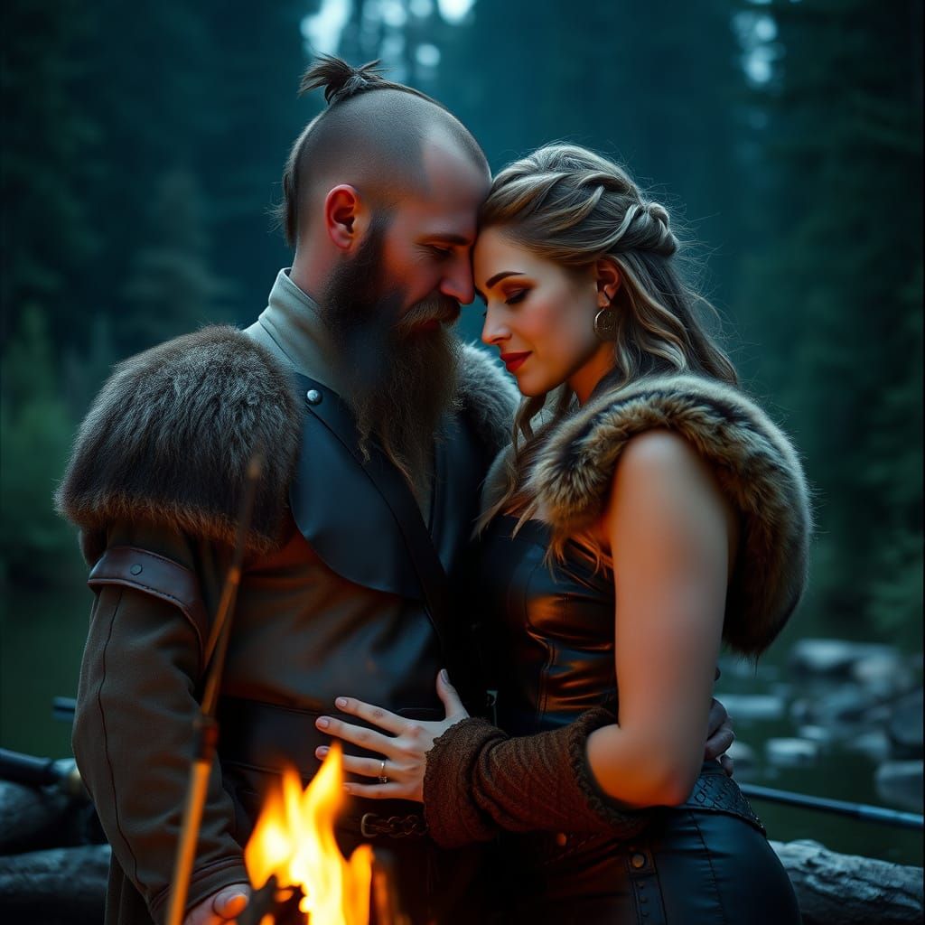 Intimate Viking Couple by Campfire in Hyperrealistic Style
