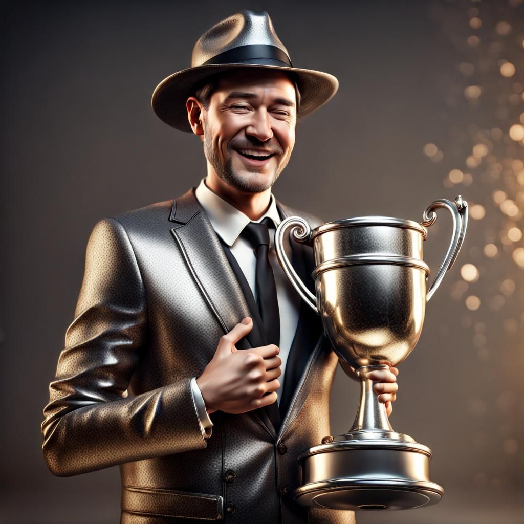 Joyful Winner Hugs Trophy: 3D Photorealistic Render
