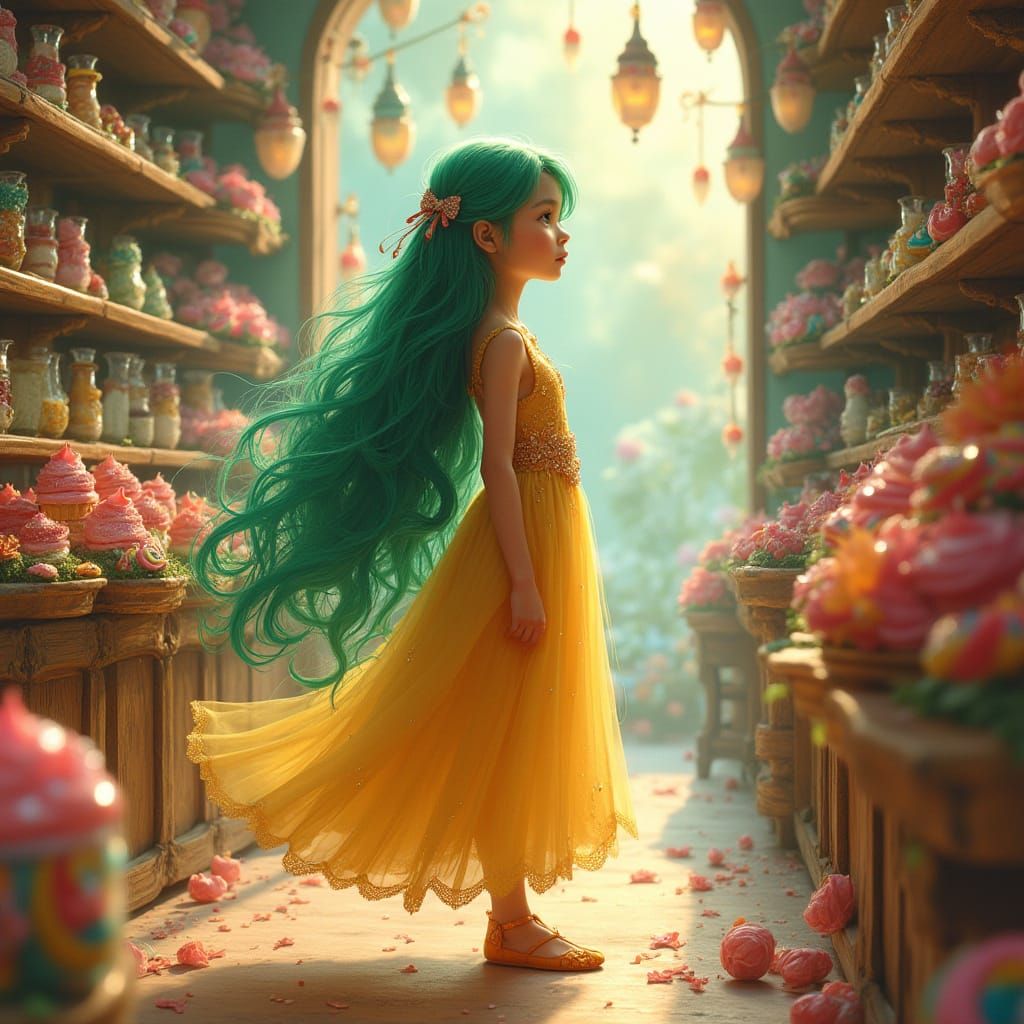 Whimsical Girl in a Dreamlike Candy Shop Scene