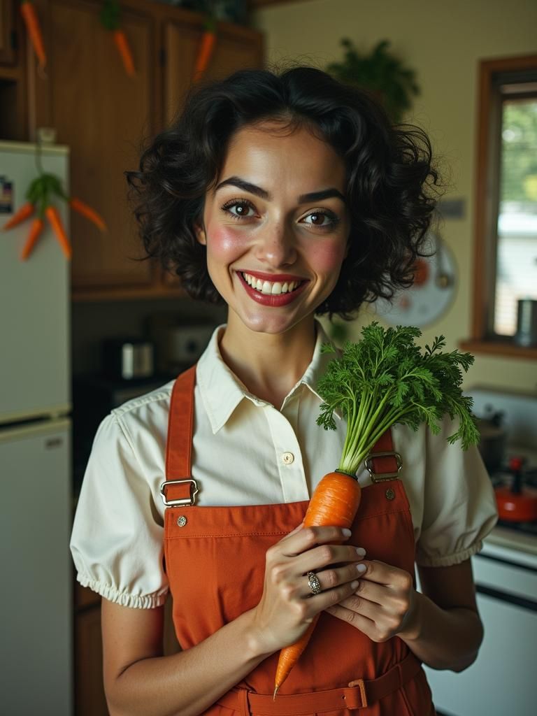 Unsettling 1950s Portrait with Threatening Carrot