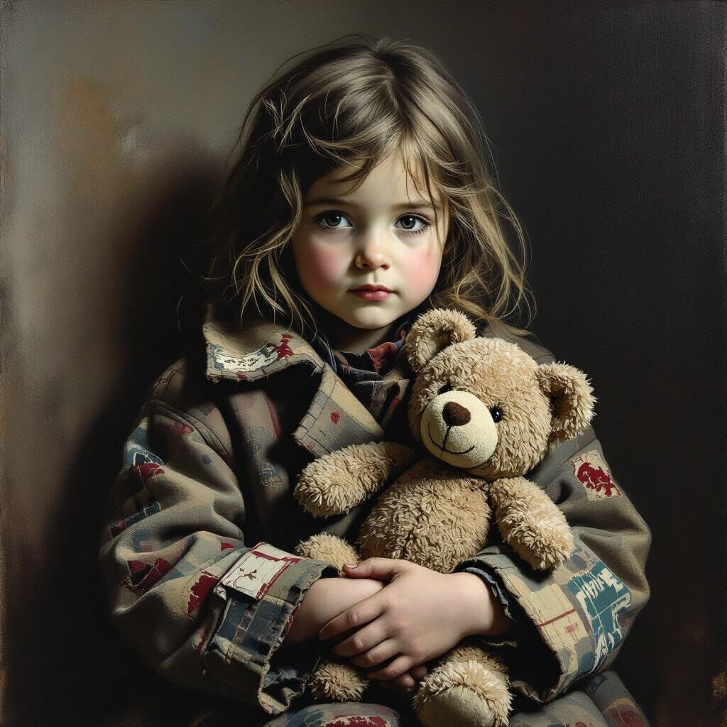 Sweet Girl in Oversized Coat with Stuffed Animal