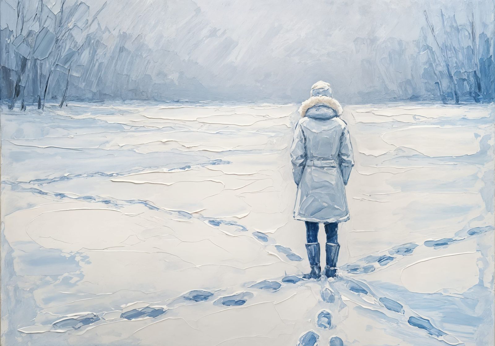 Impressionistic Snow Landscape Painting of Lone Figure