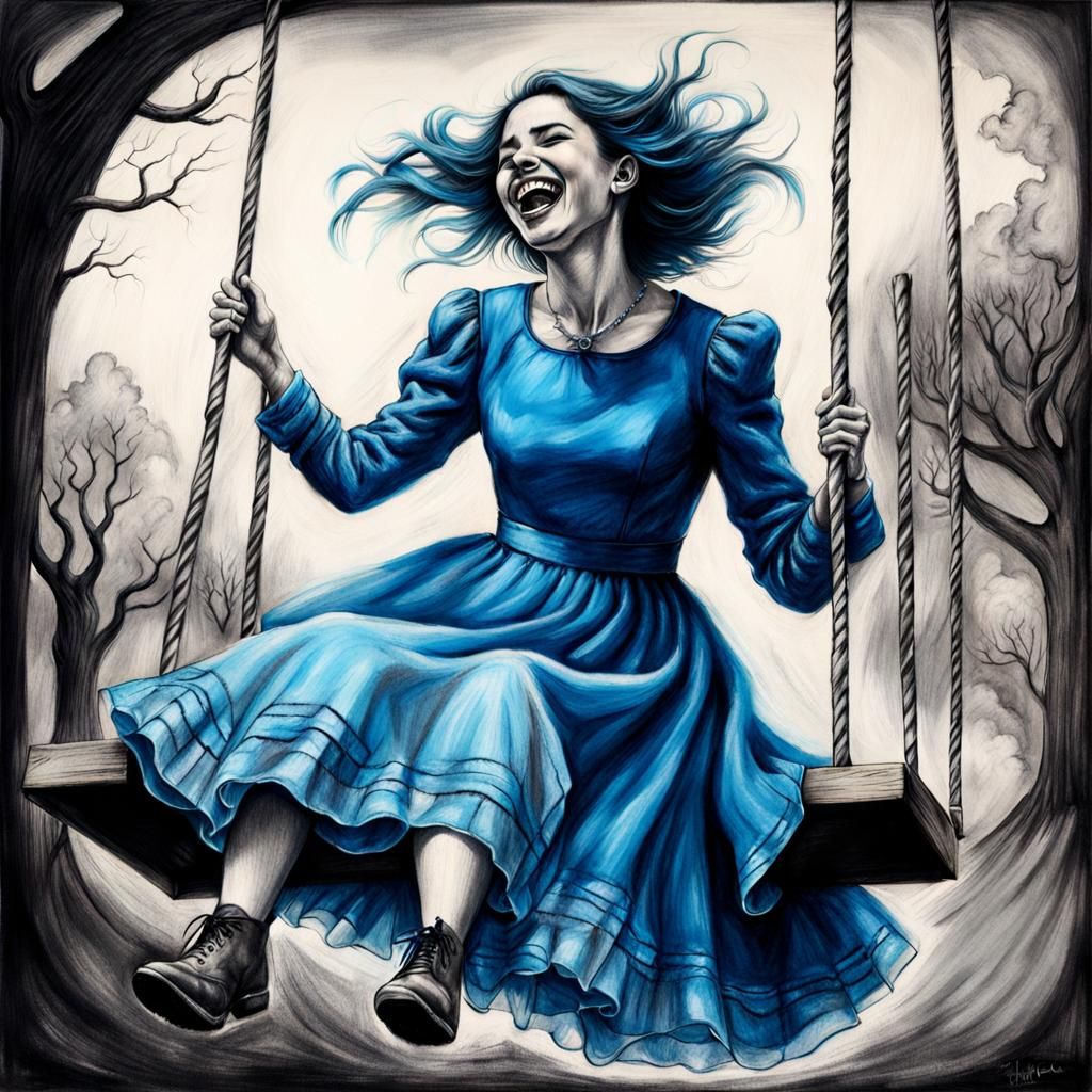 Goth Girl on Swing in Hyperdetailed Charcoal Drawing