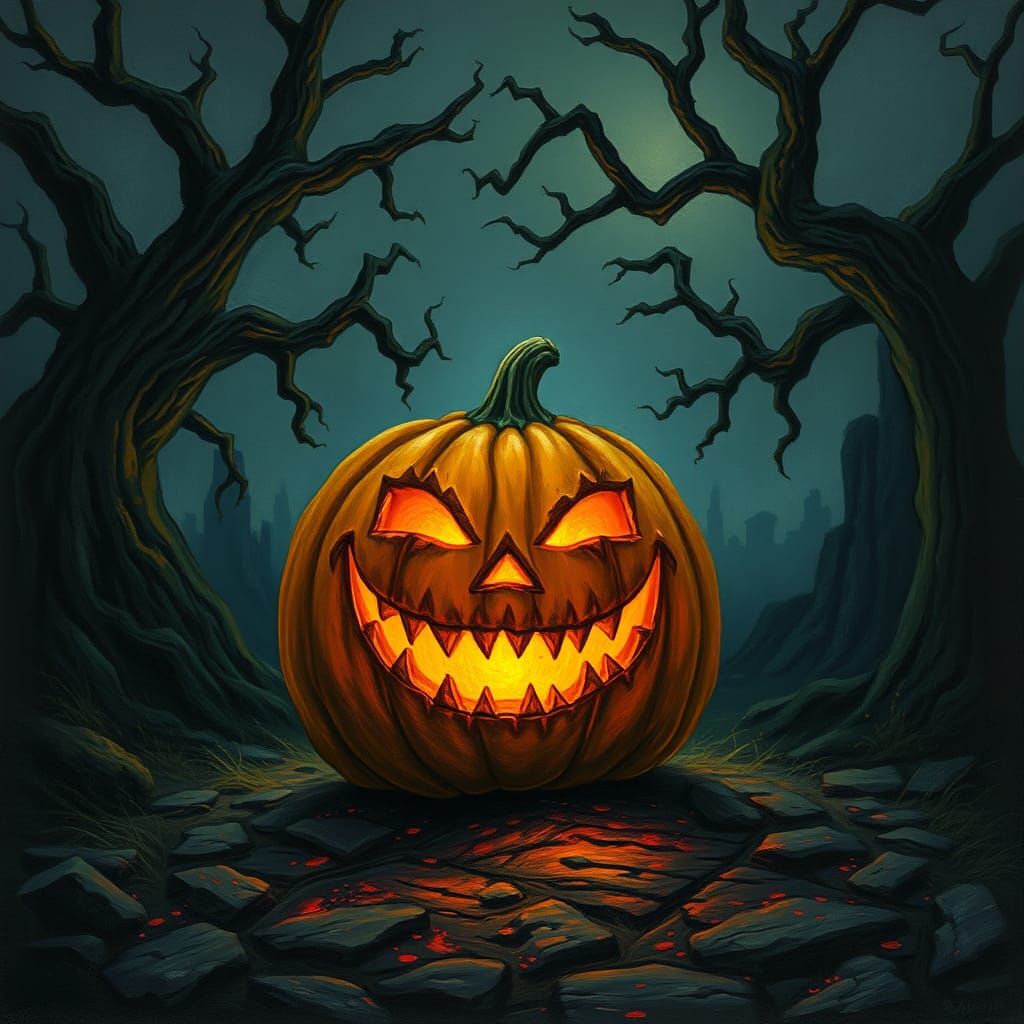 Eerie Halloween Pumpkin in a Dark Landscape