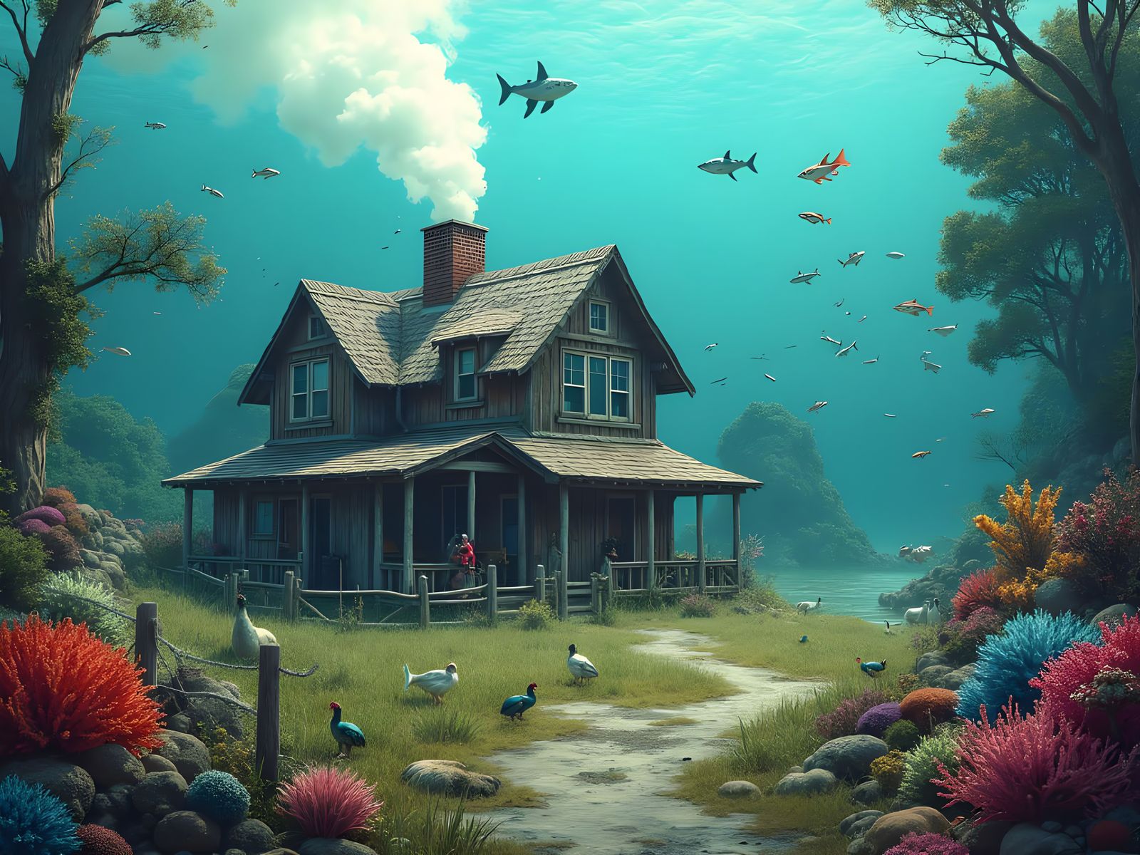 Rustic Farmhouse Amidst Vibrant Coral Reef