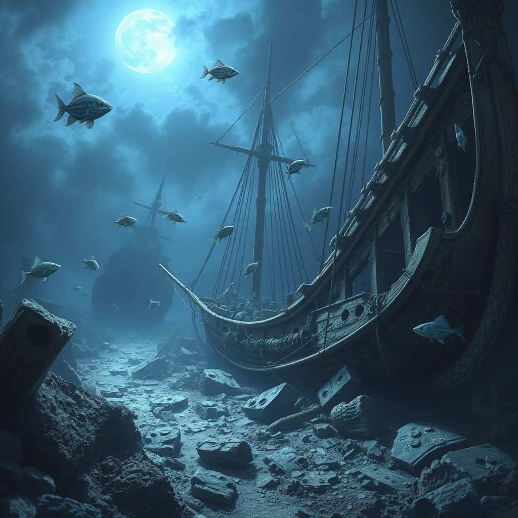 Ghostly Shipwreck Graveyard with Skeletal Fish